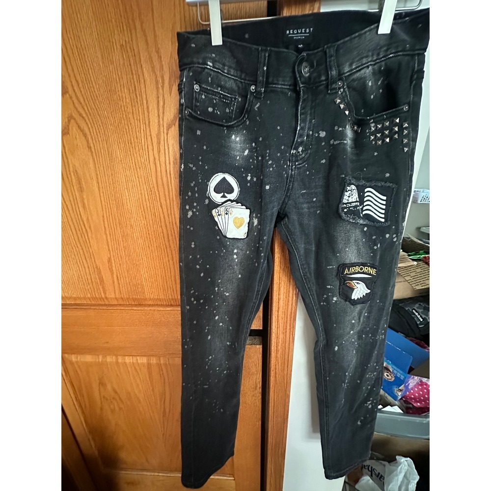 Request Premium Black Distressed Patch Studded Paint Splatter Jeans Streetwear